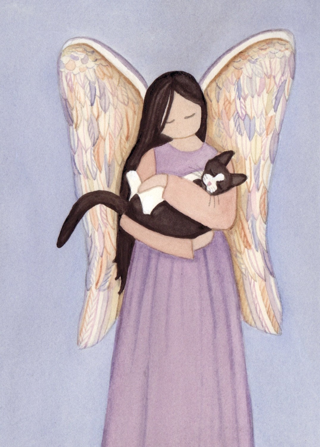 Ryta Tuxedo Cat Angel Rainbow Bridge ACEO Print – Whimsical Folk Art, Signed
