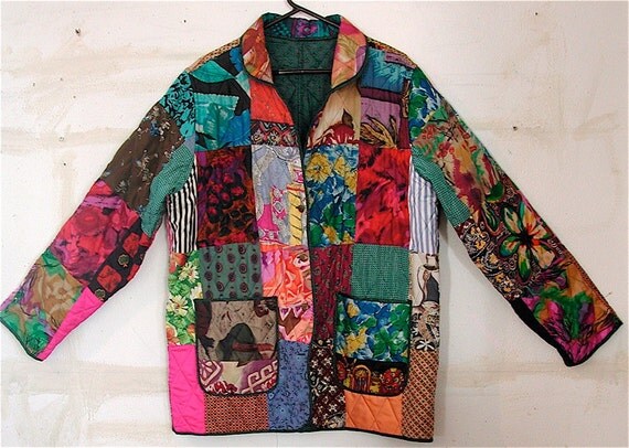 Patchwork SILK Jacket of Many Colours Wearable Art XL