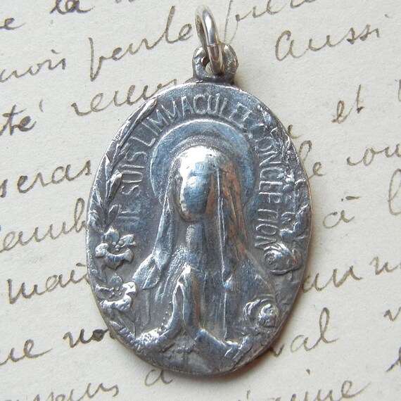 Silver Virgin Mary Medal Our Lady of Lourdes Hand by rosamystica