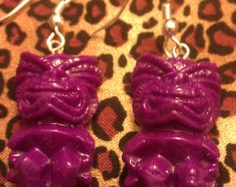 Purple, tiki, tiki earrings, purple tiki, tropical, hawaii, tiki wedding, tiki jewelry, tiki god, tiki oasis