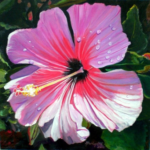 A Pink Hibiscus with Dew Drops Original Acrylic Painting by