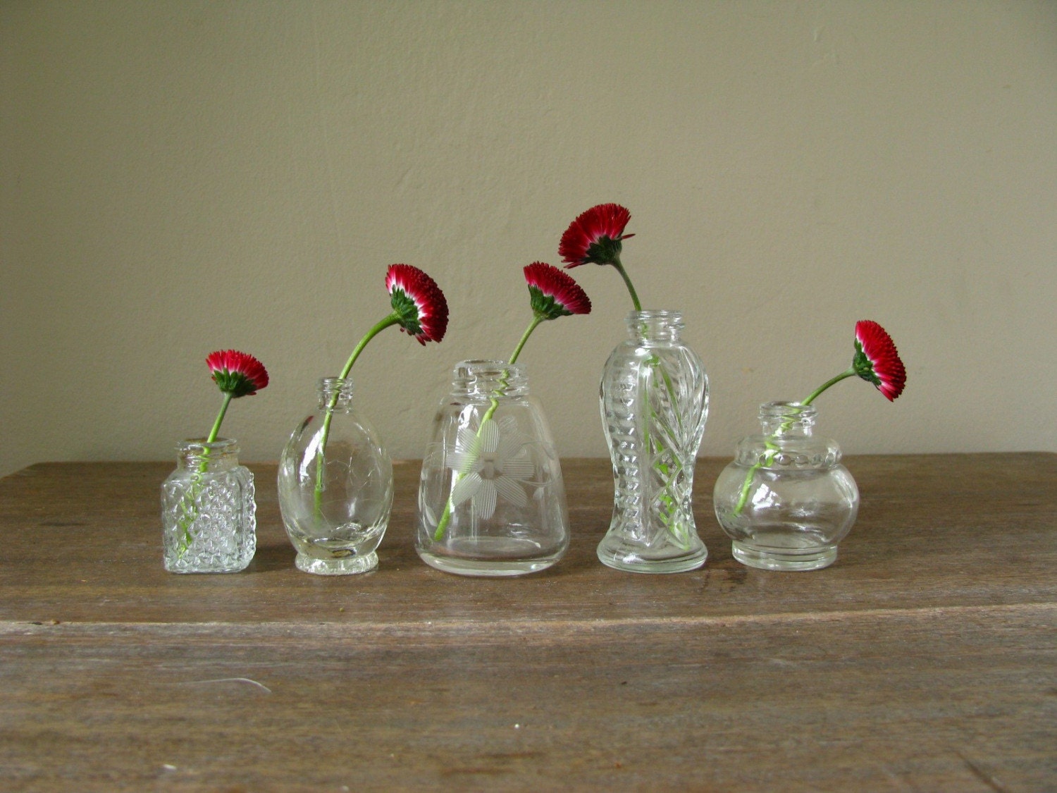 five small BOTTLES glass vases