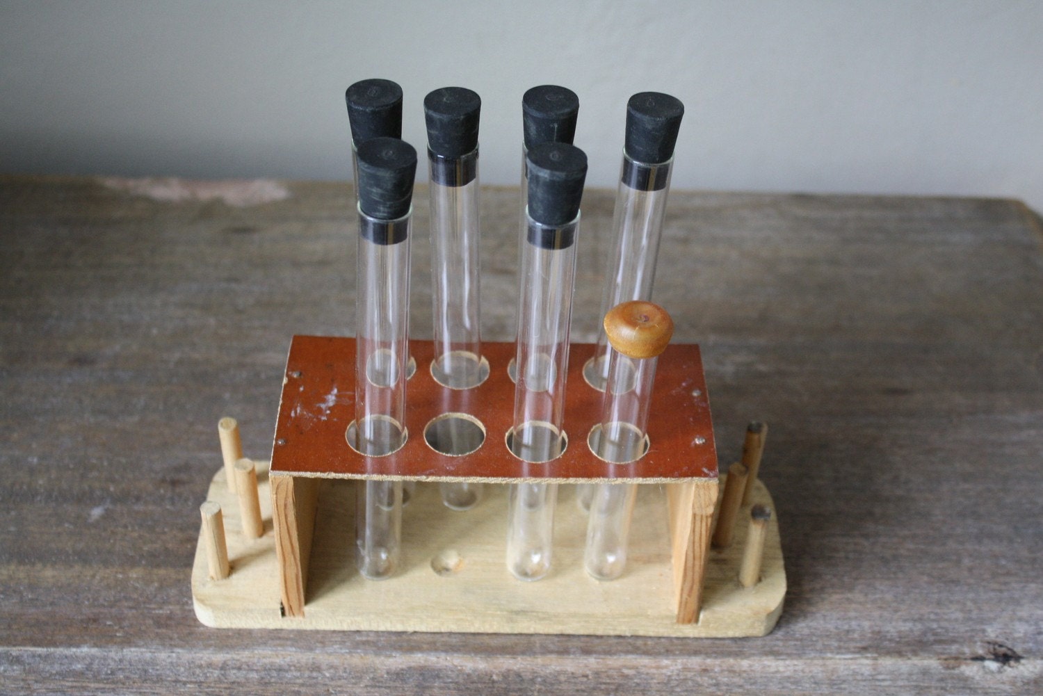 vintage test tube rack with 7 vintage test tubes