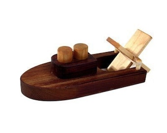 Rubber Band Powered Wooden Toy Tug Boat - Kids Wood Bath Toy For Girls and Boys