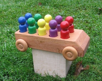Wooden Toy Bus - Kids Handmade Natural Wood Toy Rainbow Bus - Toys for Kids Boys and Girls