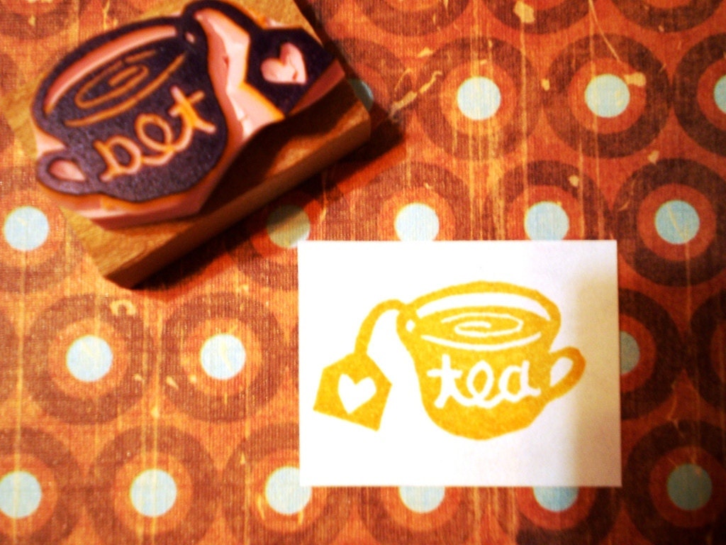 Tea cup rubber stamp with a tea bag Handmade by HappieStamps