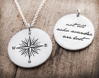 Compass necklace, Not all who wander are lost, silver compass rose necklace, inspirational quote necklace, compass jewelry, mens jewelry