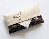 Linen with chocolate brown floral fabric. tissue holder. Hand embroidered. little bird.