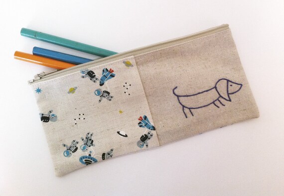 Sausage dog pencil case or zipper pouch. hand by edwardandlilly