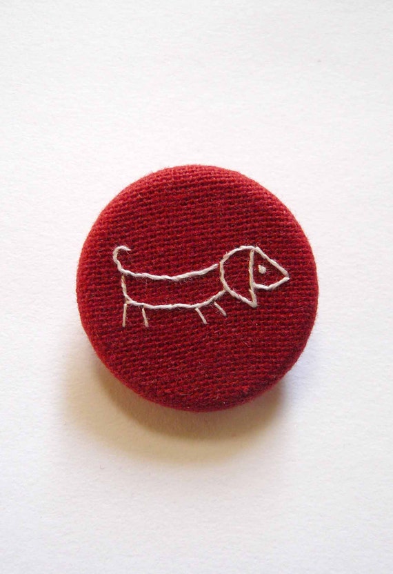 Items similar to Red Sausage Dog Brooch. hand embroidered in white pin ...