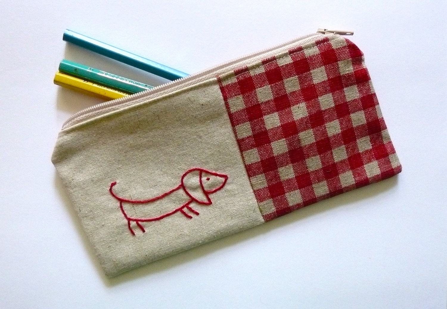 Sausage dog pencil case or zipper pouch. hand by edwardandlilly