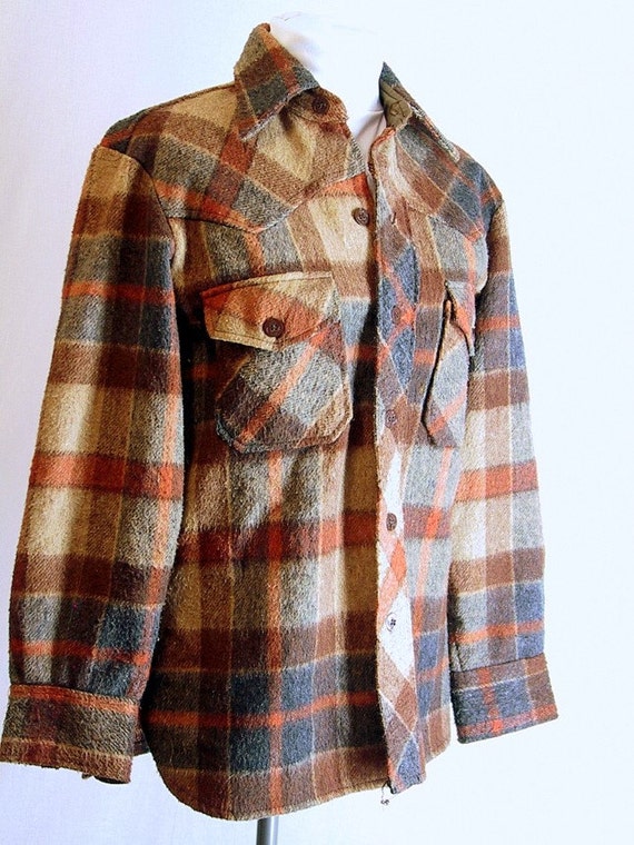 Mens Vintage Coat Brown and Tan Plaid CPO Jacket Size Small