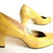 1970s Mustard Yellow Patent Leather Patchwork Pumps Vintage High Heel Shoes Size 8.5AA