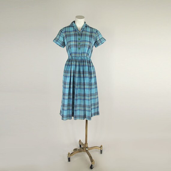 50s Blue Plaid Cotton Full Skirt Day Dress XS/S by denisebrain