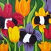 Cow Art tulips Belted galloways belties yellow red violet Folk Art Signed Matted Fine Art Print