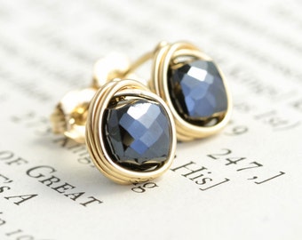 Black Spinel Studs, Square Earrings, Black Post Earrings