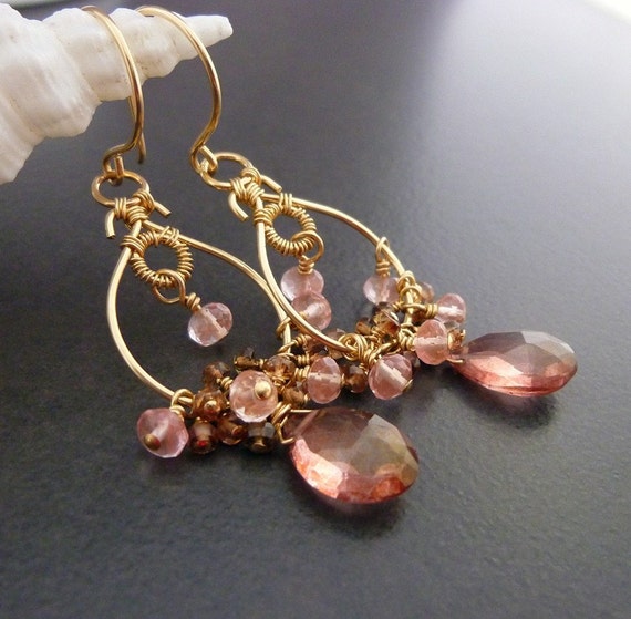 Dusty Rose Quartz Handmade Gold Loop Earrings