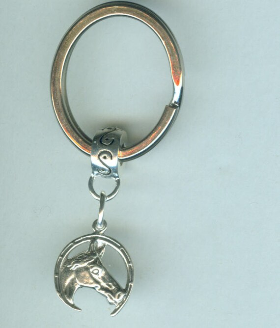 Sterling HORSE in HORSE SHOE Key Ring Key Chain