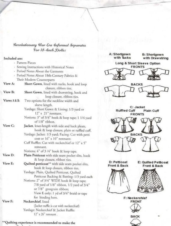 18 Inch Doll Clothes Pattern Past Craft Colonial Separates