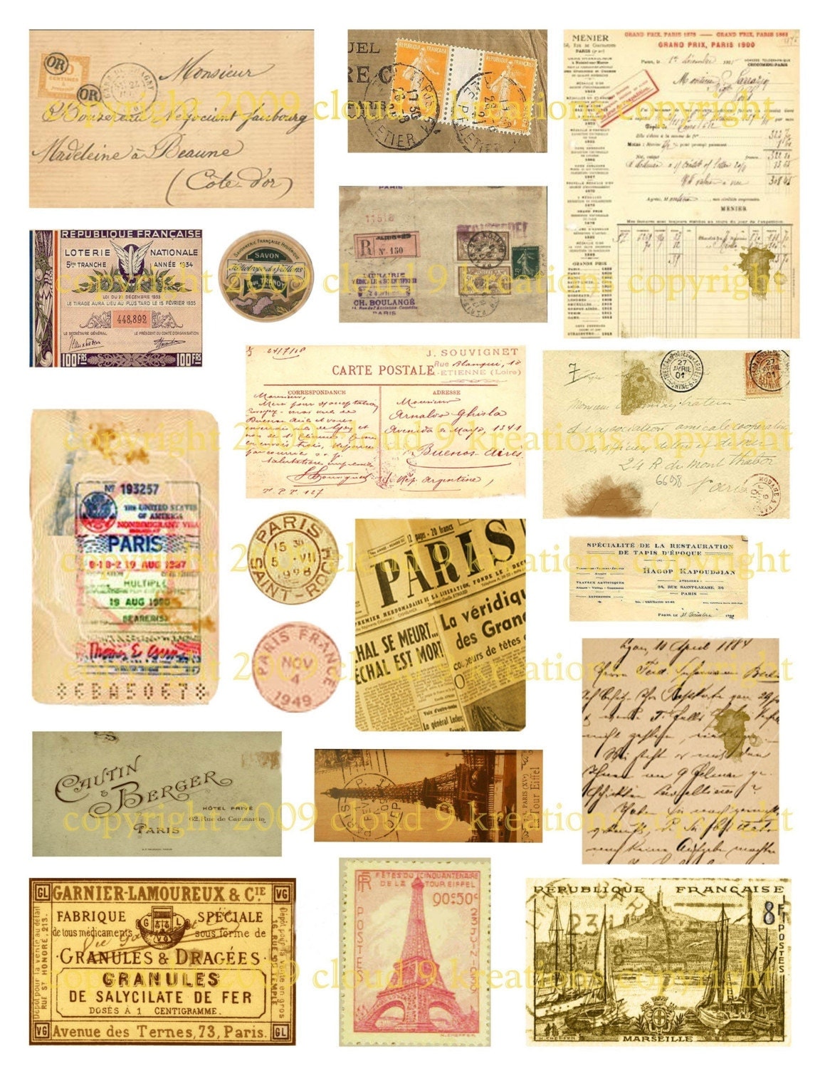 VINTAGE FRENCH EPHEMERA DIGITAL COLLAGE SHEET 2