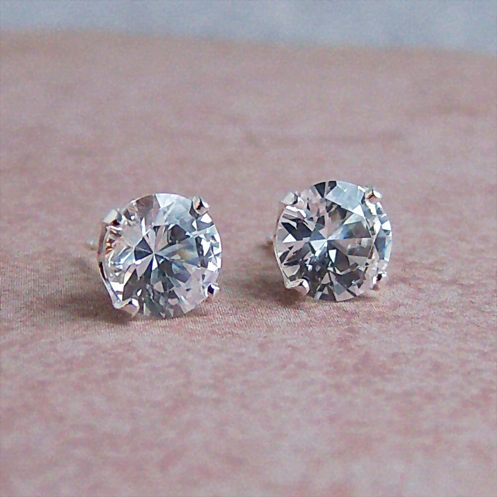 8mm Diamond Faceted Lab White Sapphire Sterling Silver Stud