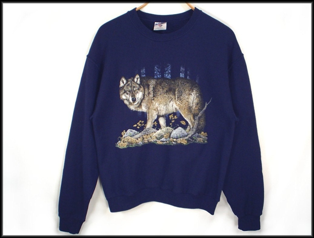 80's vintage WOLF sweatshirt sweater navy blue M L unisex
