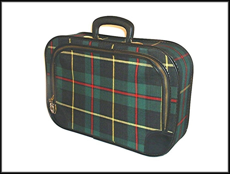 60's PLAID vintage cloth suitcase train case GREEN