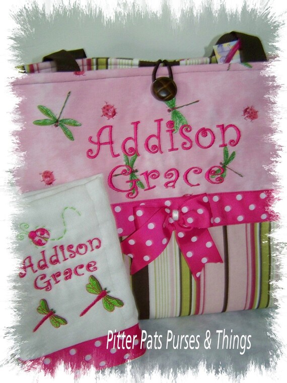 Dragonfly and Ladybug Diaper Bag and Burp Cloth