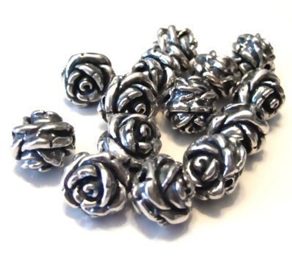 Large Sterling Silver Carved Rose Beads