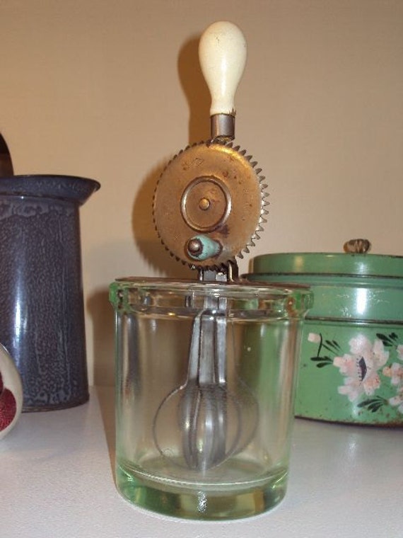 Vintage Depression Green Glass A&J Hand Mixer Egg Beater