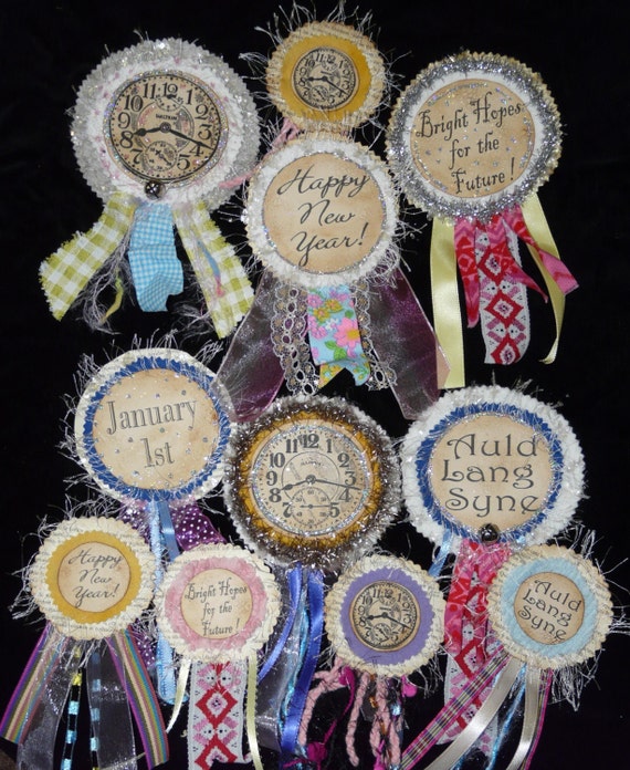 New Years Eve Badges PDF Pattern - Pins doll jewelry ribbon bell christmas party primitive old