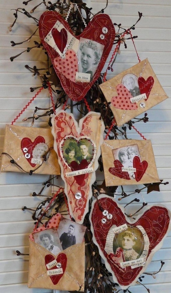 Primitive Valentine Hearts Envelope PDF Pattern - old photos altered art letter tokens of my affection sayings words decor