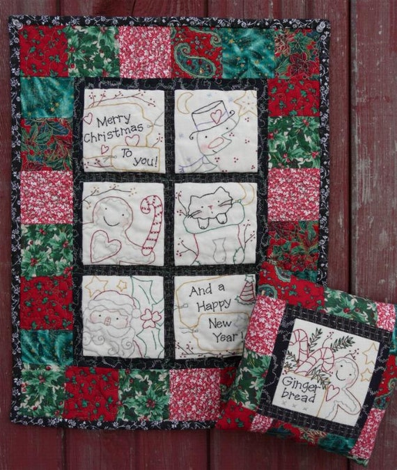 Merry CHRISTMAS embroidery QUILT PDF Pattern -  stitchery santa gingerbread man ginger primitive snowman cat stocking wallhanging