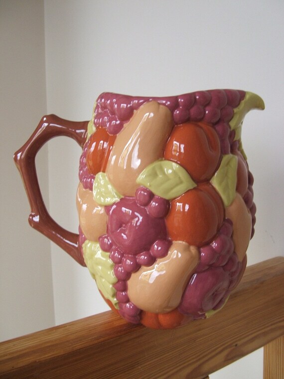 Vintage Handmade Ceramic Pitcher with majolica fruit motif