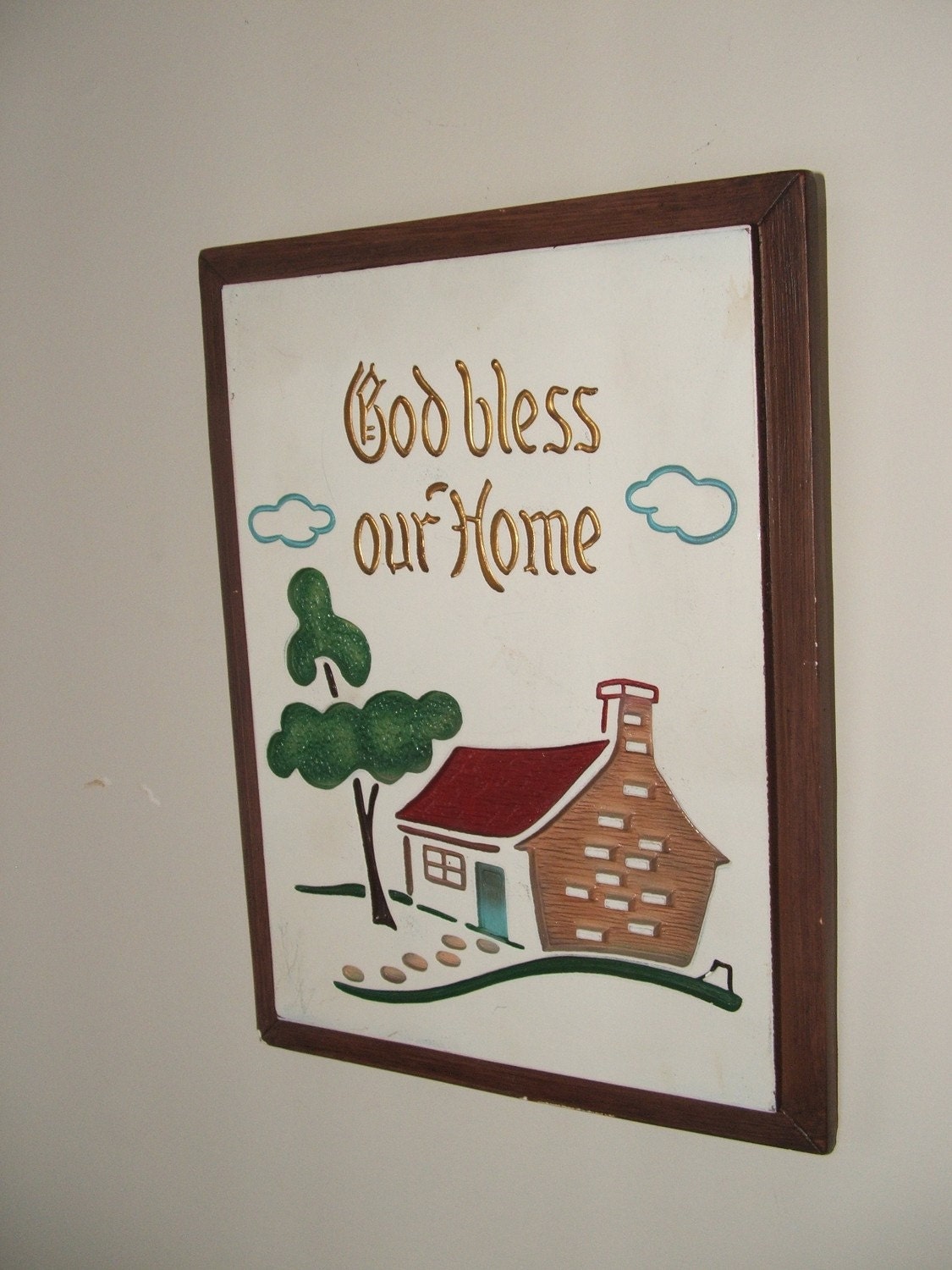 God Bless Our Home Chalkware Plaque Wall Hanging