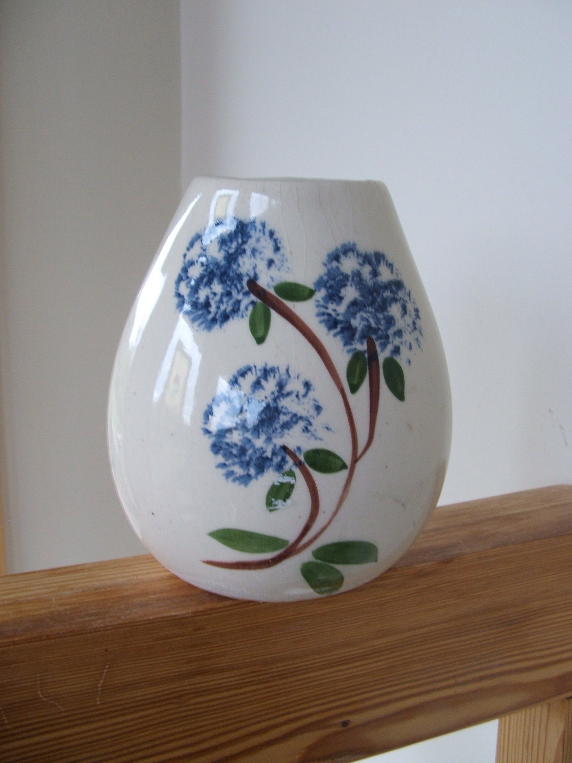 Vintage Ceramic Vase with sponge painted blue flowers