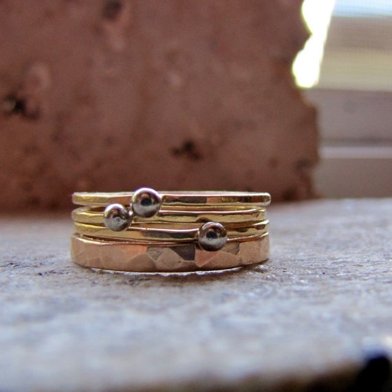 Rustic solid gold wedding band set with engagement rings