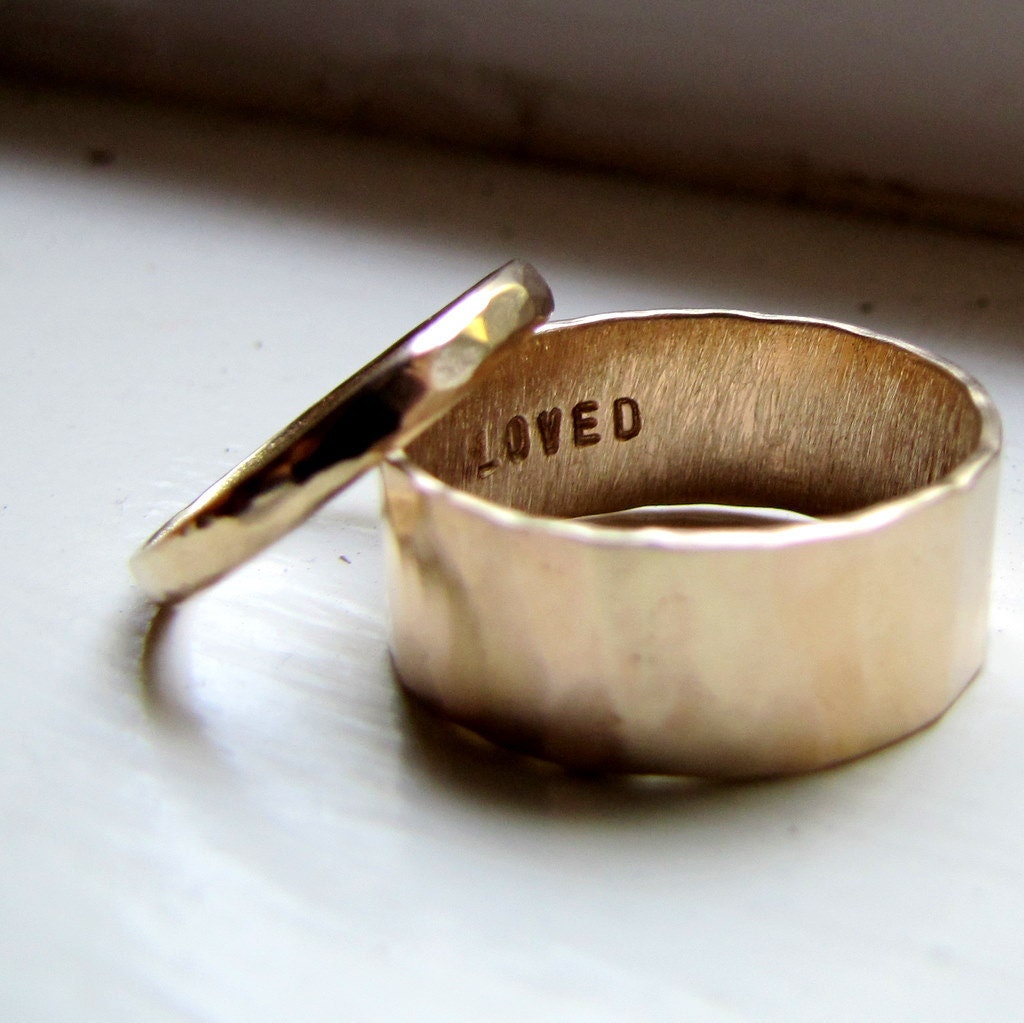 Simple Unique Wedding Band Set of Hammered Gold