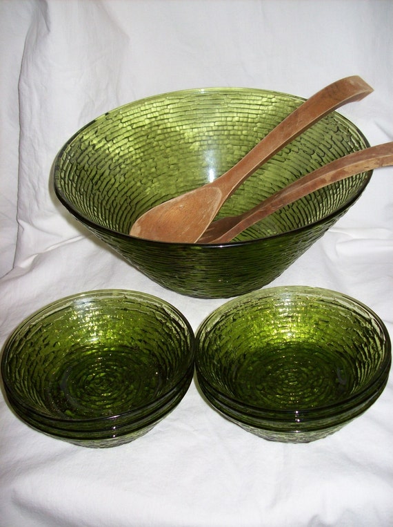 Vintage Green Glass Salad Bowl Set Avocado Soreno Fire King