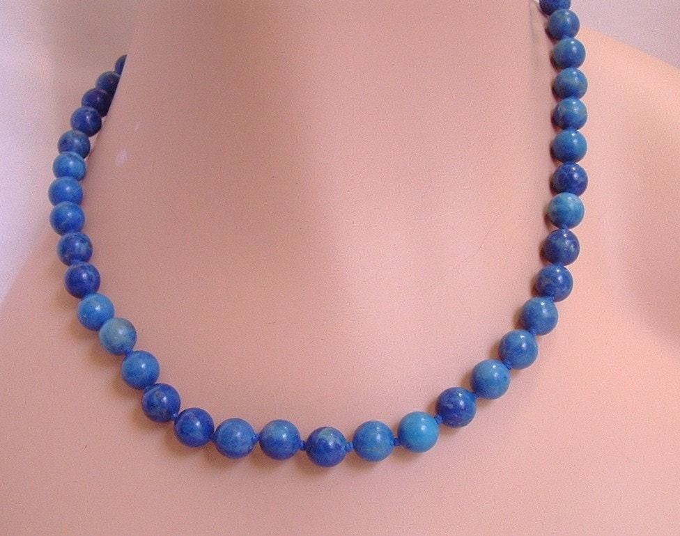 Vintage Blue Marbled Stone Bead Necklace by CarriersCozyCottage