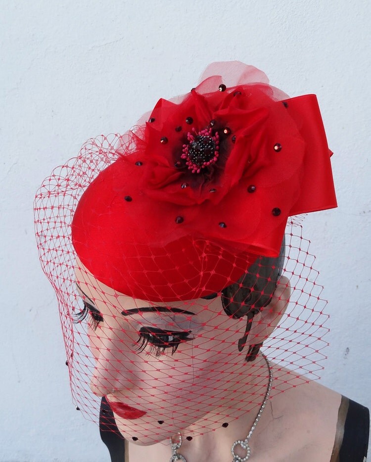 Weddings Red Hat Fascinator Birdcage Veil Poppy by BatcakesCouture