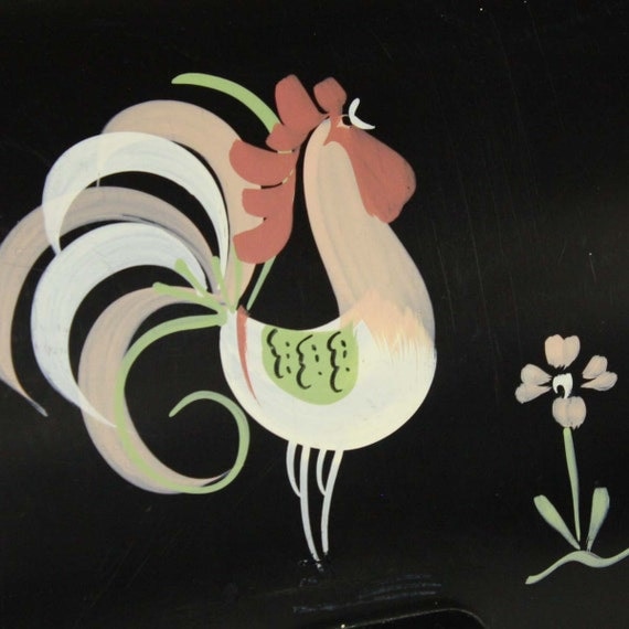 Vintage bread box Ransburg black rooster tin rolltop