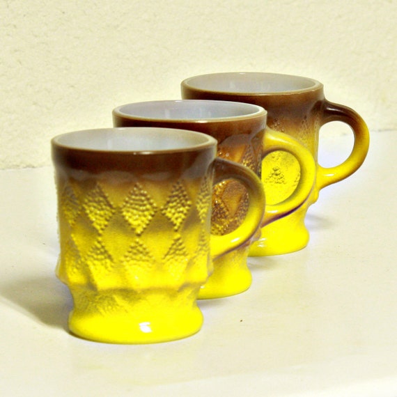 3 Vintage yellow brown coffee cups fire king by OldCottonwood