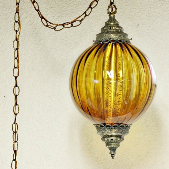 Vintage hanging light hanging lamp swag lamp amber globe