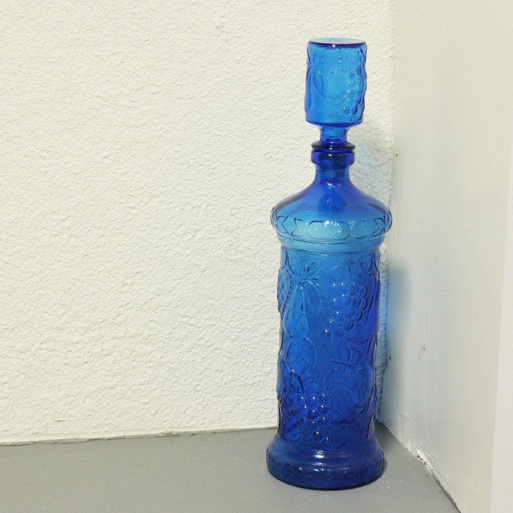 Vintage blue glass bottle decanter vase fruit large