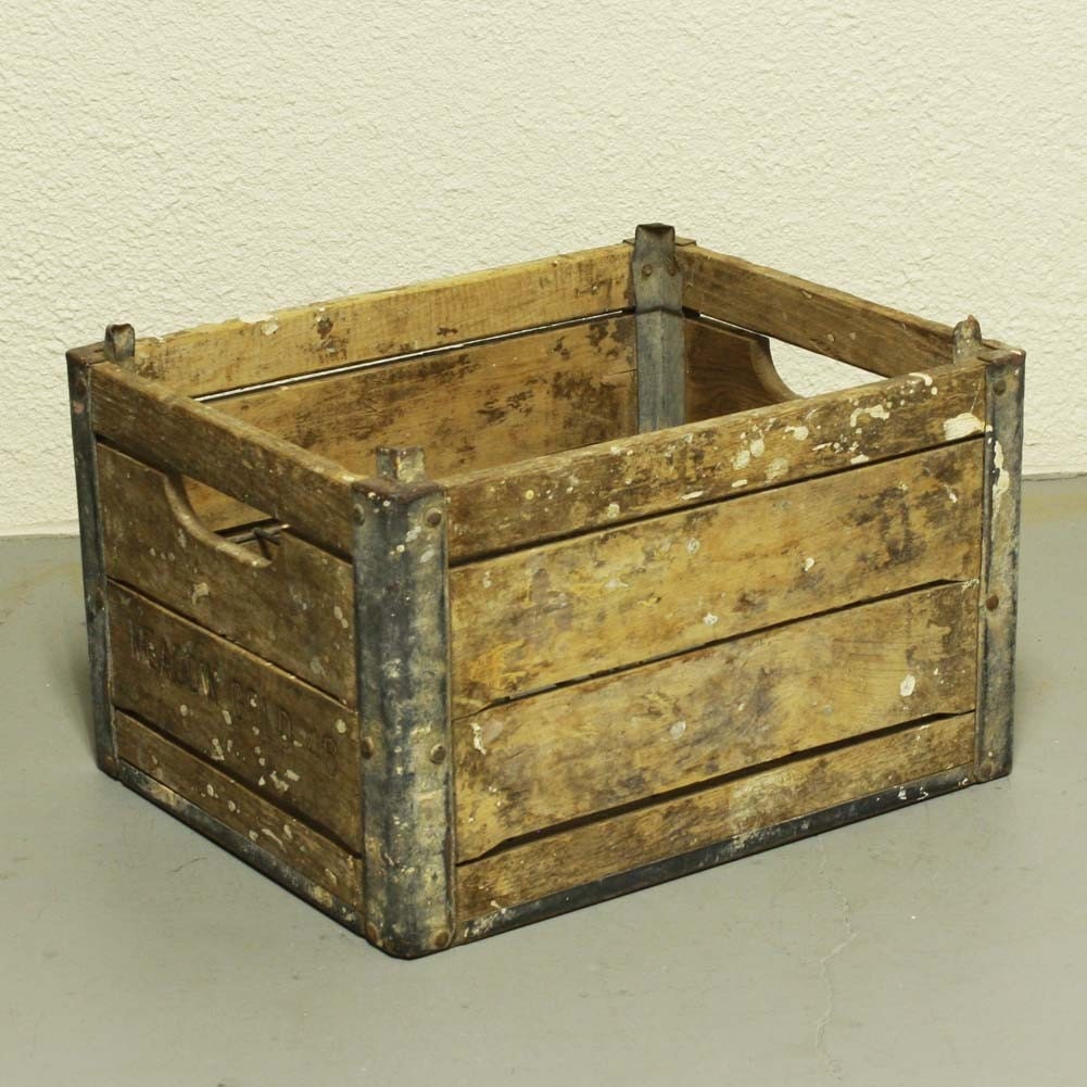 Vintage milk crate wood metal wire Meadow Gold wine