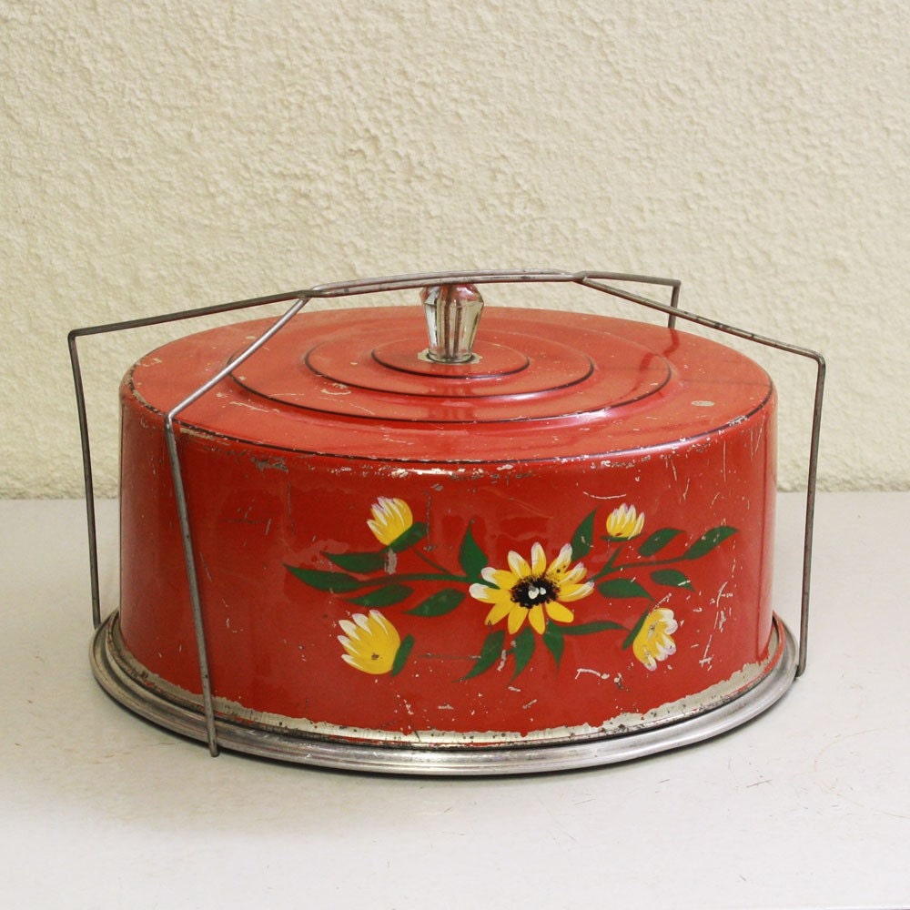 Vintage cake carrier pie carrier metal red tole