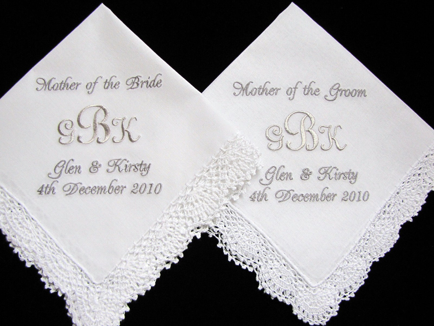Monogrammed personalized handkerchiefs for mother of bride and