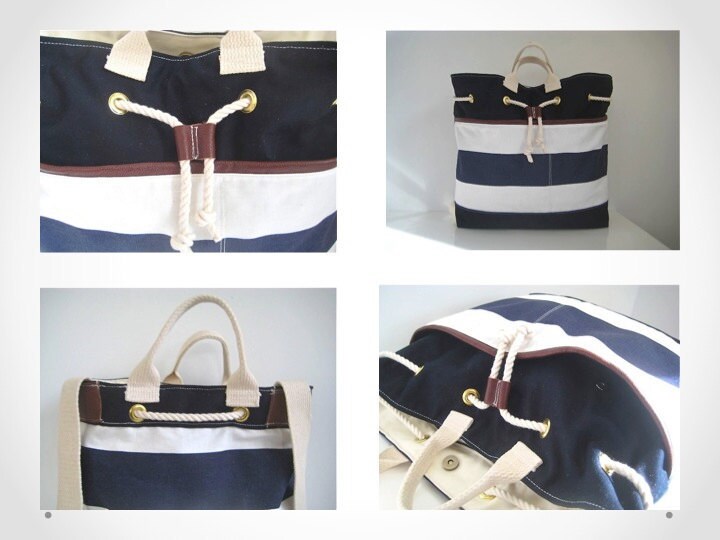 Nautical Leather Trim Backpack Drawstring Hand Held Tote Navy