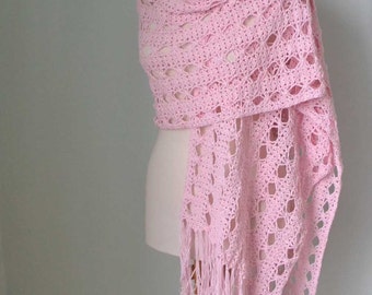 Lace crochet shawl, stole, Pink, Cotton, F596